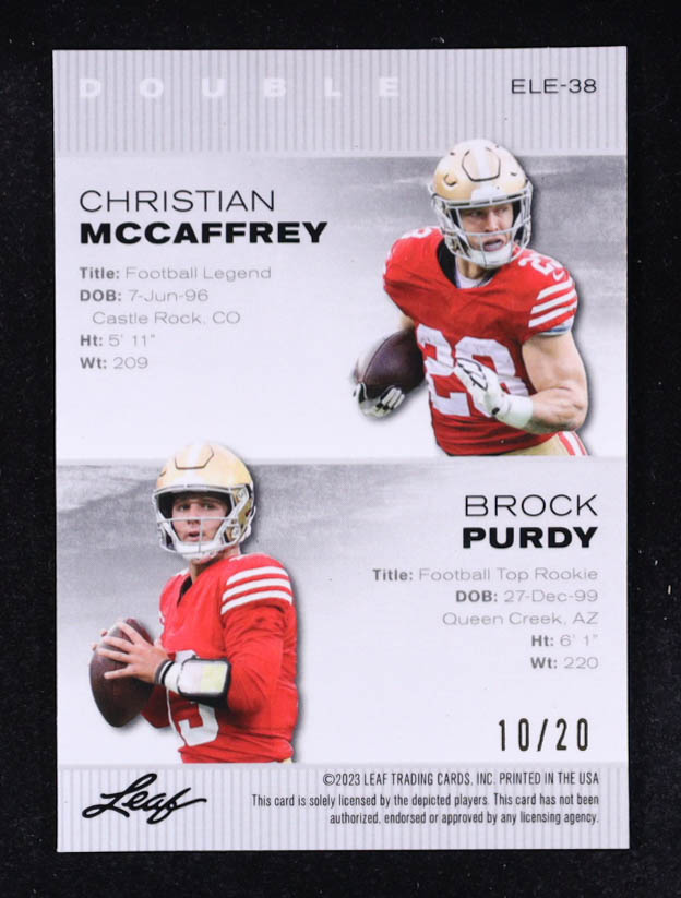 Christian McCaffrey / Brock Purdy 2023 Leaf Special Release Exclusive Legends Edition Blue #ELE38 #10/20 at PristineAuction.com Christian McCaffrey / Brock Purdy 2023 Leaf Special Release Exclusive Legends Edition Blue #ELE38 #10/20 at PristineAuction.com