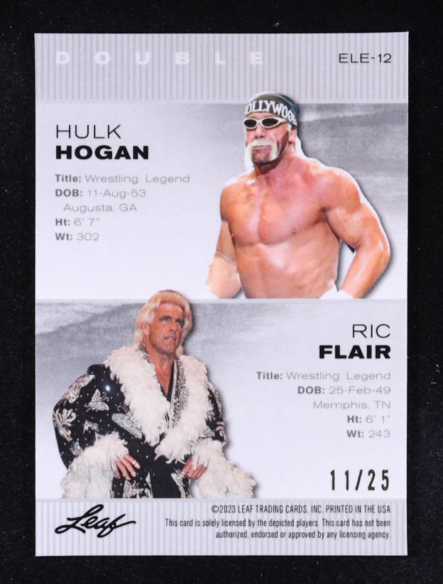 Hulk Hogan / Ric Flair 2023 Leaf Special Release Exclusive Legends Edition Silver #ELE12 #11/25 at PristineAuction.com Hulk Hogan / Ric Flair 2023 Leaf Special Release Exclusive Legends Edition Silver #ELE12 #11/25 at PristineAuction.com