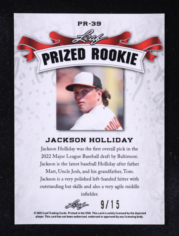 Jackson Holliday 2023 Leaf Prized Rookie Purple #PR39 #9/15 at PristineAuction.com Jackson Holliday 2023 Leaf Prized Rookie Purple #PR39 #9/15 at PristineAuction.com