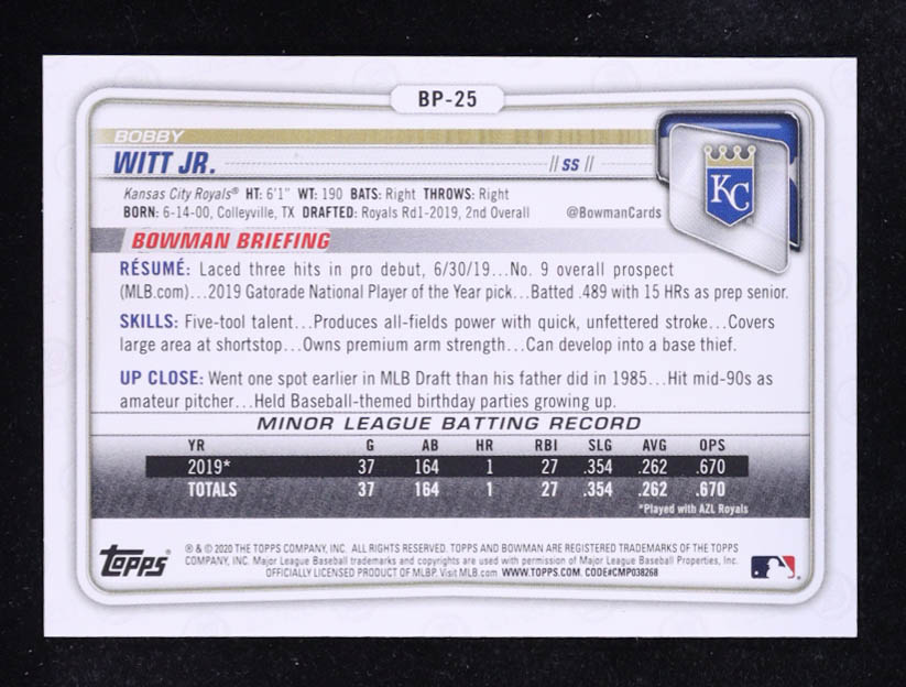 Bobby Witt Jr. 2020 Bowman Prospects #BP25 RC at PristineAuction.com Bobby Witt Jr. 2020 Bowman Prospects #BP25 RC at PristineAuction.com