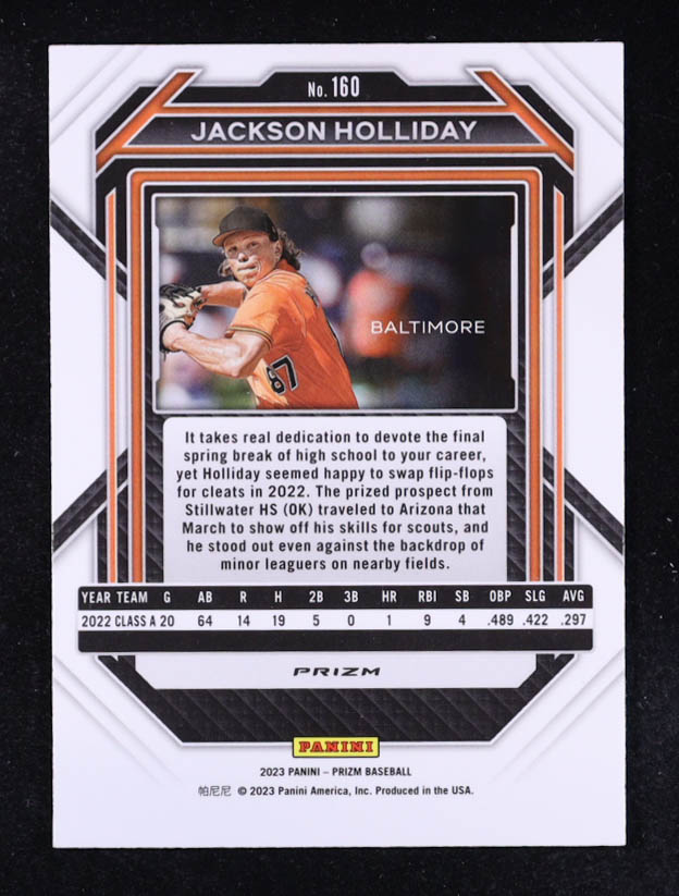 Jackson Holliday 2023 Panini Prizm Prizms Blue Ice #160 RC at PristineAuction.com Jackson Holliday 2023 Panini Prizm Prizms Blue Ice #160 RC at PristineAuction.com