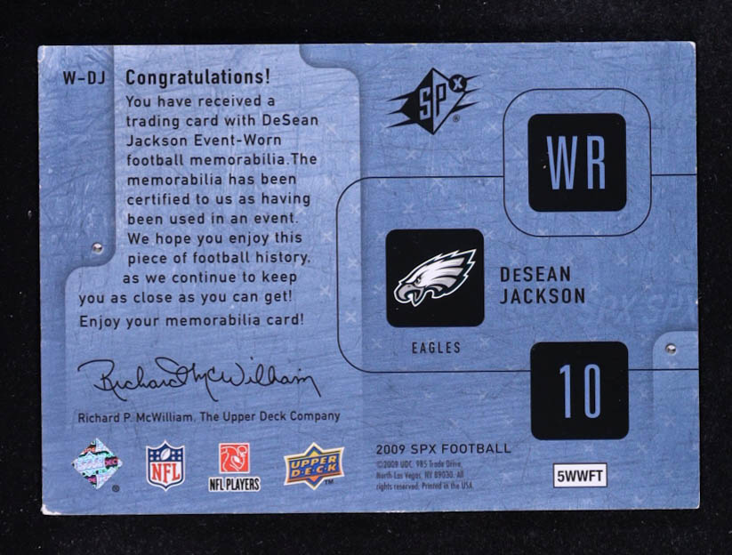 DeSean Jackson 2009 SPx Winning Materials Blue Dual Swatch #WDJ #10/50 at PristineAuction.com DeSean Jackson 2009 SPx Winning Materials Blue Dual Swatch #WDJ #10/50 at PristineAuction.com