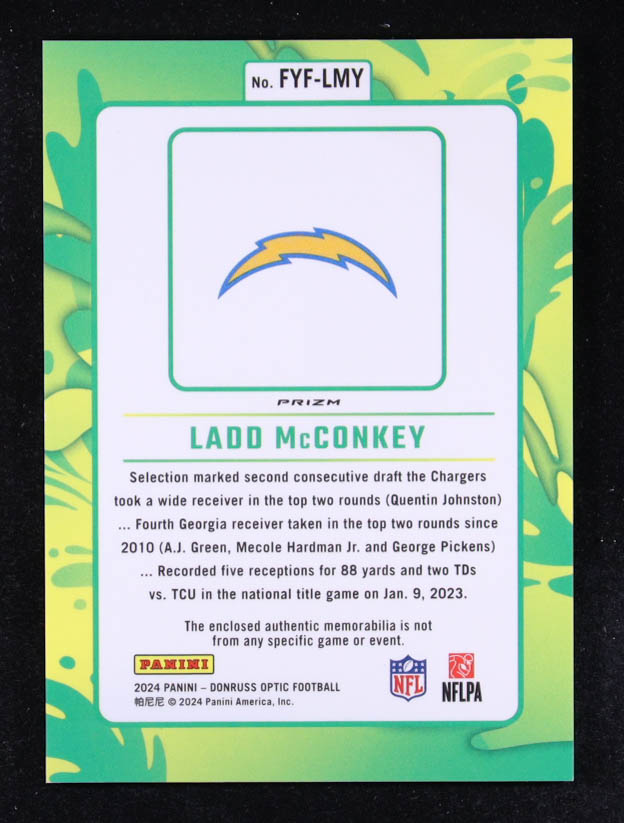 Ladd McConkey 2024 Donruss Optic First Year Fresh Jerseys Blue Hyper #24 RC at PristineAuction.com Ladd McConkey 2024 Donruss Optic First Year Fresh Jerseys Blue Hyper #24 RC at PristineAuction.com
