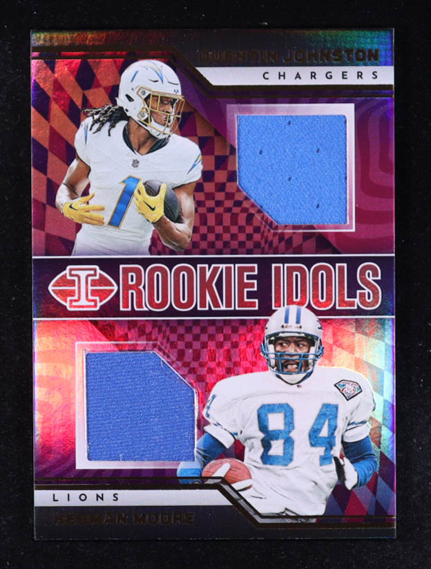 Herman Moore / Quentin Johnston 2023 Panini Illusions Rookie Idols Dual Memorabilia #11 RC at PristineAuction.com Herman Moore / Quentin Johnston 2023 Panini Illusions Rookie Idols Dual Memorabilia #11 RC at PristineAuction.com