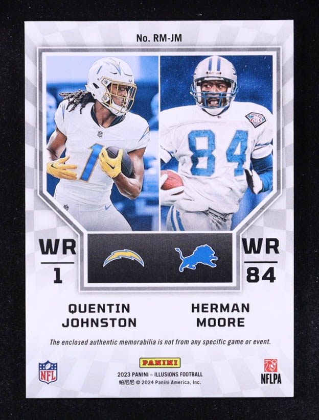 Herman Moore / Quentin Johnston 2023 Panini Illusions Rookie Idols Dual Memorabilia #11 RC at PristineAuction.com Herman Moore / Quentin Johnston 2023 Panini Illusions Rookie Idols Dual Memorabilia #11 RC at PristineAuction.com