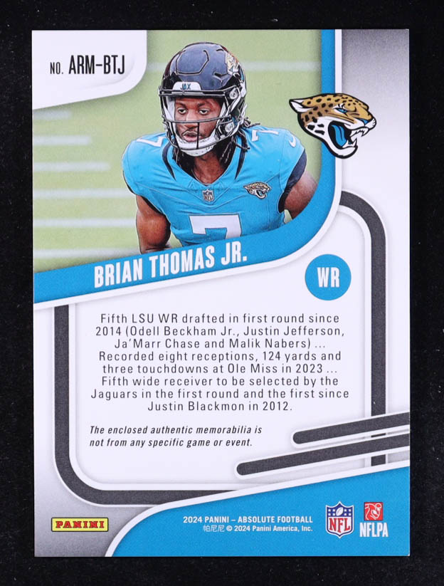 Brian Thomas Jr. 2024 Absolute Absolute Rookie Materials #11 RC at PristineAuction.com Brian Thomas Jr. 2024 Absolute Absolute Rookie Materials #11 RC at PristineAuction.com