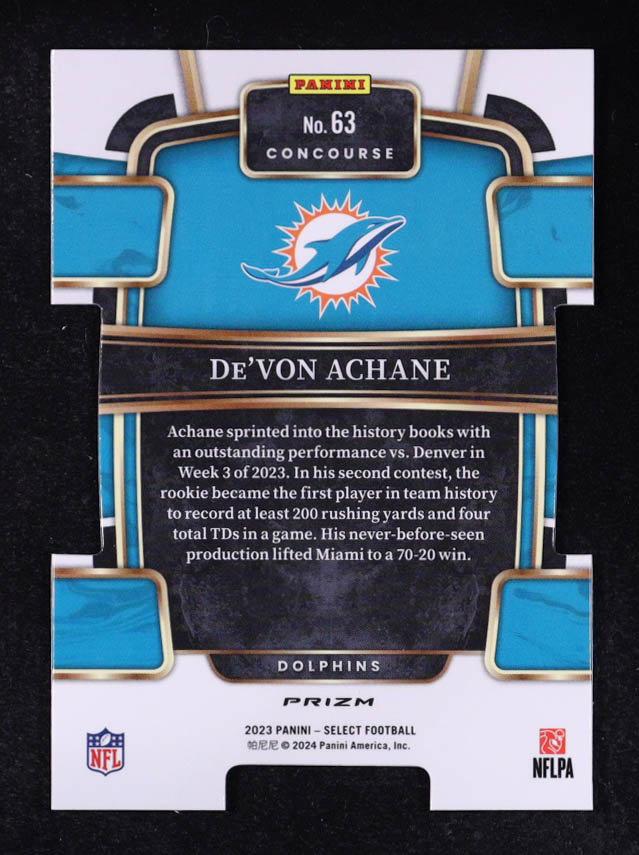 De'Von Achane 2023 Select Prizm Zebra Die-Cut #63 RC at PristineAuction.com De'Von Achane 2023 Select Prizm Zebra Die-Cut #63 RC at PristineAuction.com