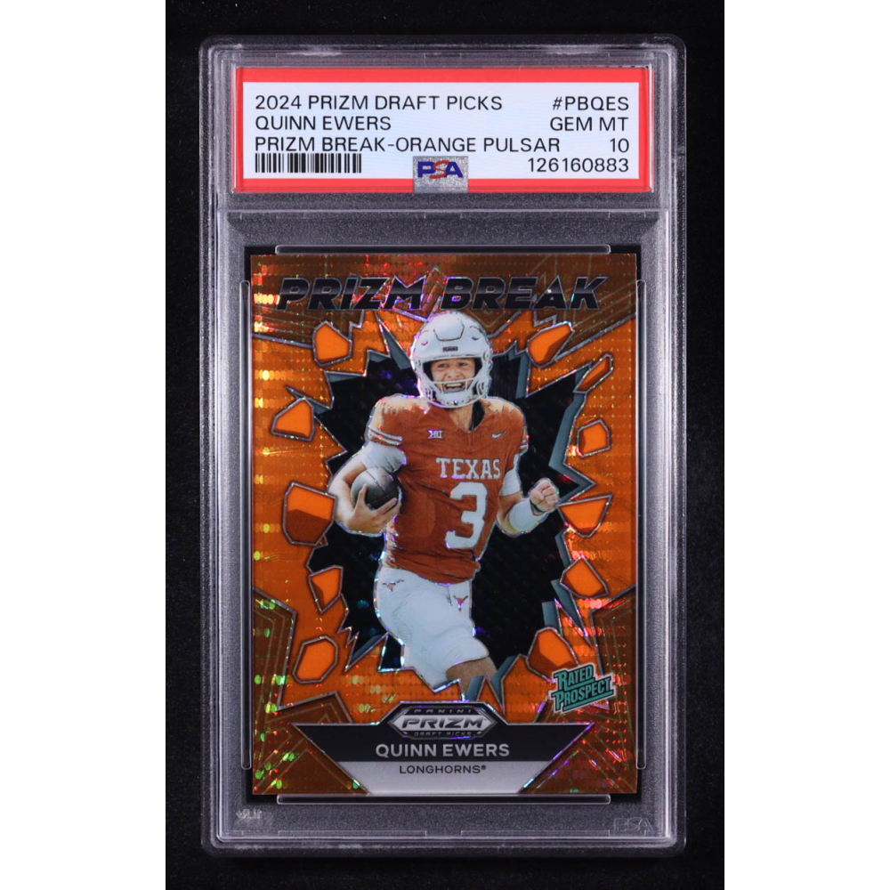 Quinn Ewers 2024 Panini Prizm Draft Picks Prizm Break Orange Pulsar #4 RC #15/49 (PSA 10) at PristineAuction.com