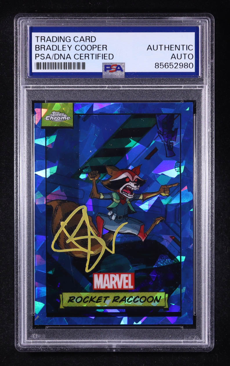 Bradley Cooper Signed Rocket Raccoon 2024 Topps Chrome Sapphire Marvel #33 (PSA) at PristineAuction.com Bradley Cooper Signed Rocket Raccoon 2024 Topps Chrome Sapphire Marvel #33 (PSA) at PristineAuction.com