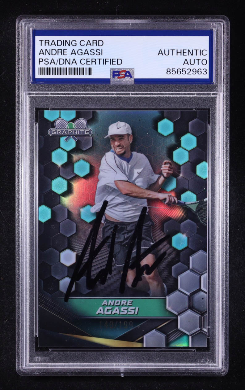 Andre Agassi Signed 2024 Topps Graphite Aqua Refractor #137 #140/199 (PSA) at PristineAuction.com Andre Agassi Signed 2024 Topps Graphite Aqua Refractor #137 #140/199 (PSA) at PristineAuction.com