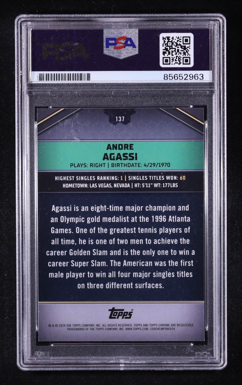 Andre Agassi Signed 2024 Topps Graphite Aqua Refractor #137 #140/199 (PSA) at PristineAuction.com Andre Agassi Signed 2024 Topps Graphite Aqua Refractor #137 #140/199 (PSA) at PristineAuction.com