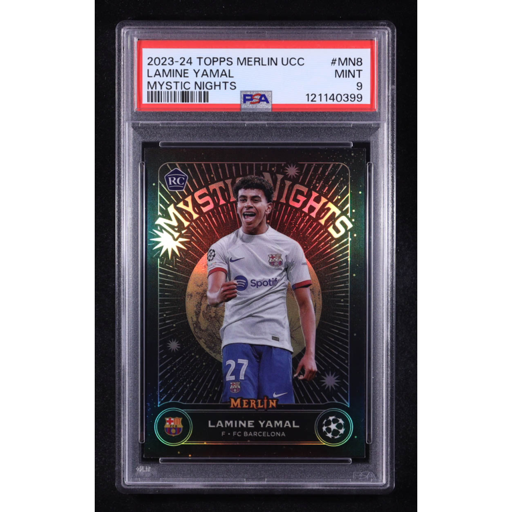 Lamine Yamal 2023-24 Topps Merlin UEFA Club Competitions Mystic Nights #MN8 RC (PSA 9) at PristineAuction.com