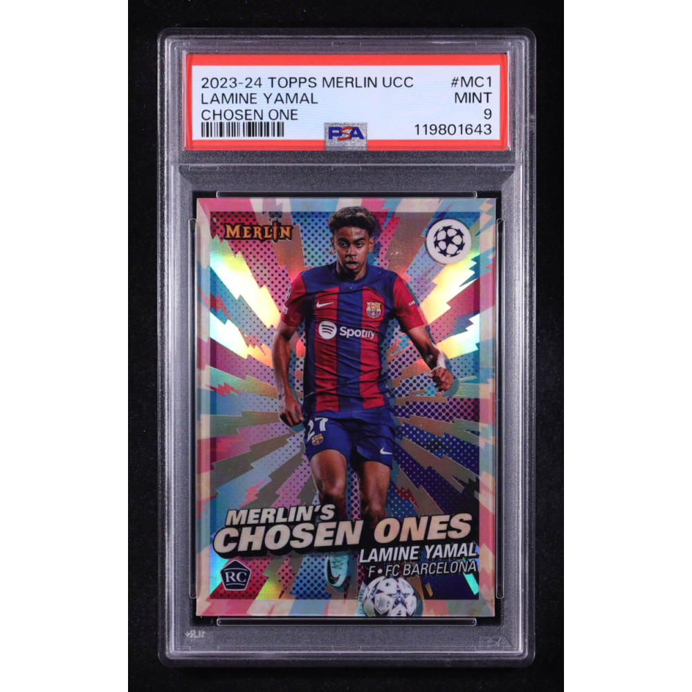 Lamine Yamal 2023-24 Topps Merlin UEFA Club Competitions Chosen One #MC1 RC (PSA 9) at PristineAuction.com