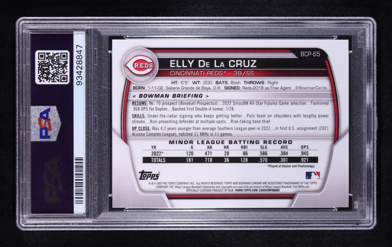 Elly De La Cruz 2023 Bowman Chrome Prospect Blue Raywave Refractor #BCP65 RC (PSA 10) at PristineAuction.com Elly De La Cruz 2023 Bowman Chrome Prospect Blue Raywave Refractor #BCP65 RC (PSA 10) at PristineAuction.com