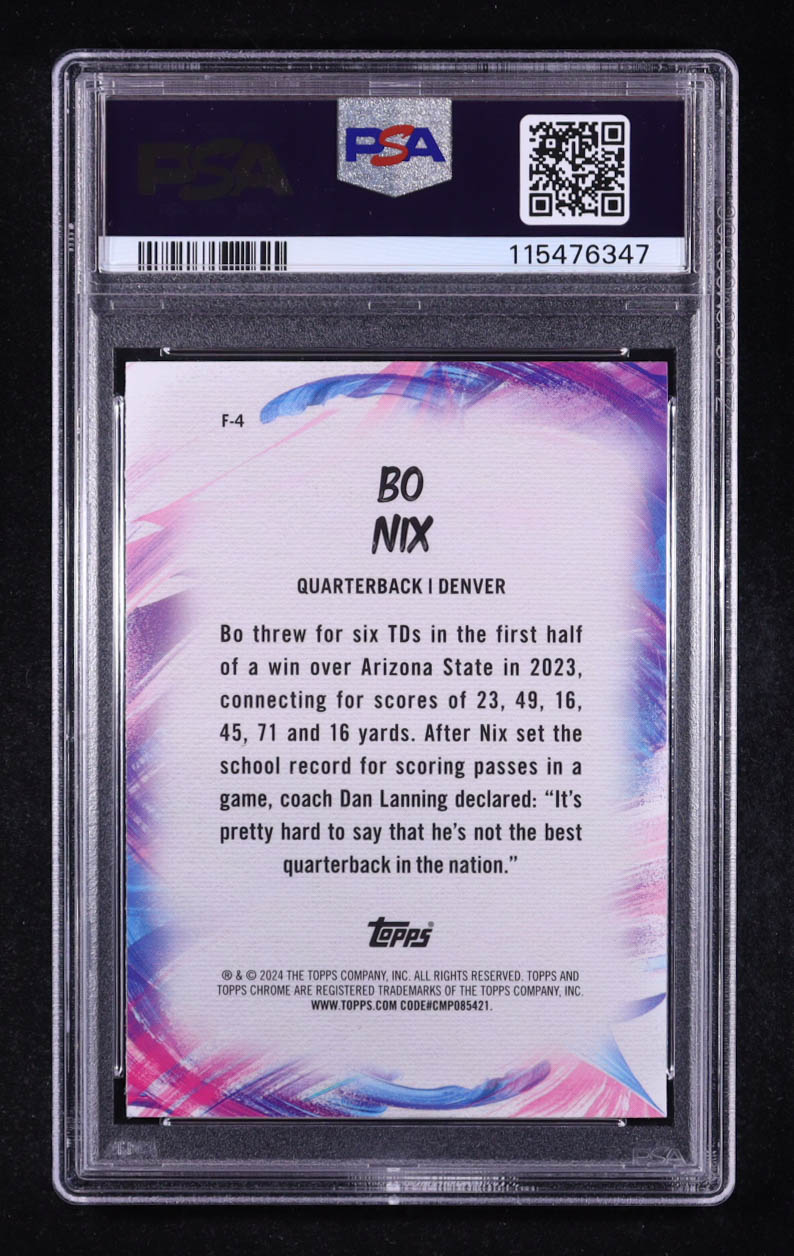 Bo Nix 2024 Topps Chrome Finesse Yellow Refractor #F4 #60/75 RC (PSA 10) at PristineAuction.com Bo Nix 2024 Topps Chrome Finesse Yellow Refractor #F4 #60/75 RC (PSA 10) at PristineAuction.com