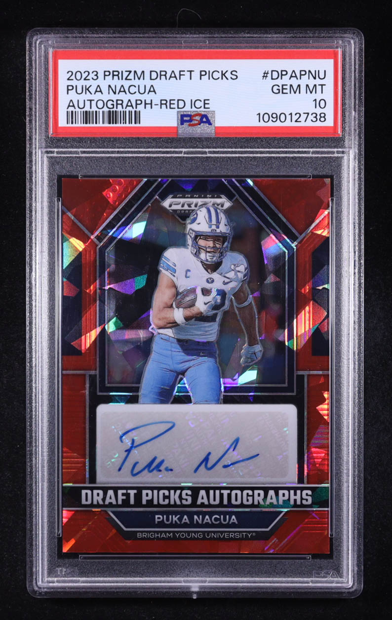 Puka Nacua 2023 Panini Prizm Draft Picks Autographed Red Ice #DPAPNU RC (PSA 10) at PristineAuction.com Puka Nacua 2023 Panini Prizm Draft Picks Autographed Red Ice #DPAPNU RC (PSA 10) at PristineAuction.com