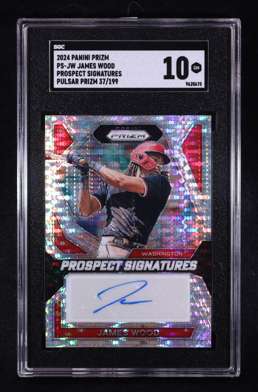 James Wood 2024 Panini Prizm Prospect Signatures Pulsar Prizm #PSJW #37/199 RC (SGC 10) at PristineAuction.com James Wood 2024 Panini Prizm Prospect Signatures Pulsar Prizm #PSJW #37/199 RC (SGC 10) at PristineAuction.com