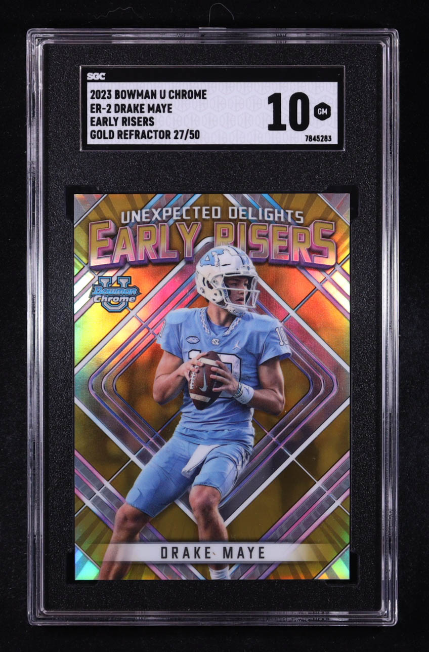 Drake Maye 2023 Bowman University Chrome Early Risers Gold Refractor #ER2 RC #27/50 (SGC 10) at PristineAuction.com Drake Maye 2023 Bowman University Chrome Early Risers Gold Refractor #ER2 RC #27/50 (SGC 10) at PristineAuction.com