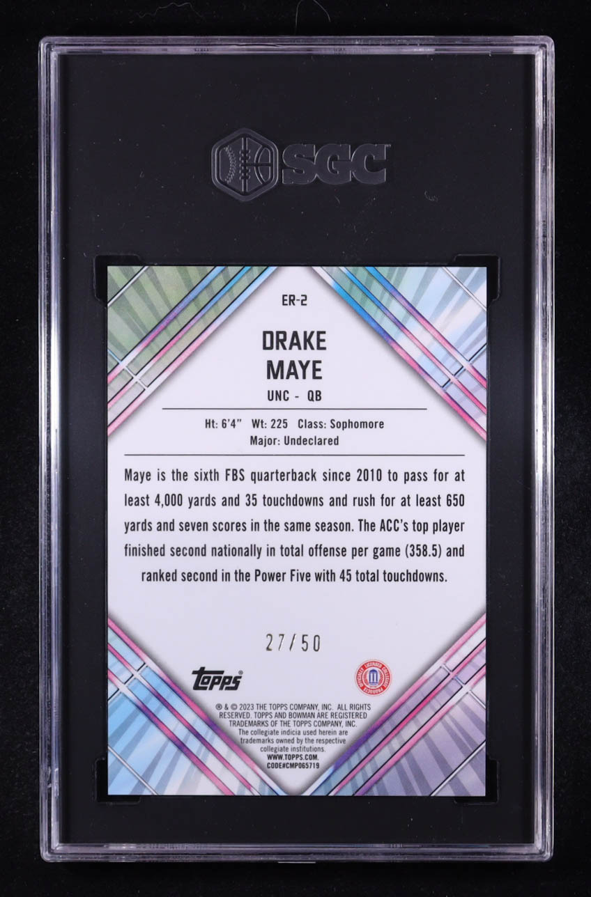 Drake Maye 2023 Bowman University Chrome Early Risers Gold Refractor #ER2 RC #27/50 (SGC 10) at PristineAuction.com Drake Maye 2023 Bowman University Chrome Early Risers Gold Refractor #ER2 RC #27/50 (SGC 10) at PristineAuction.com