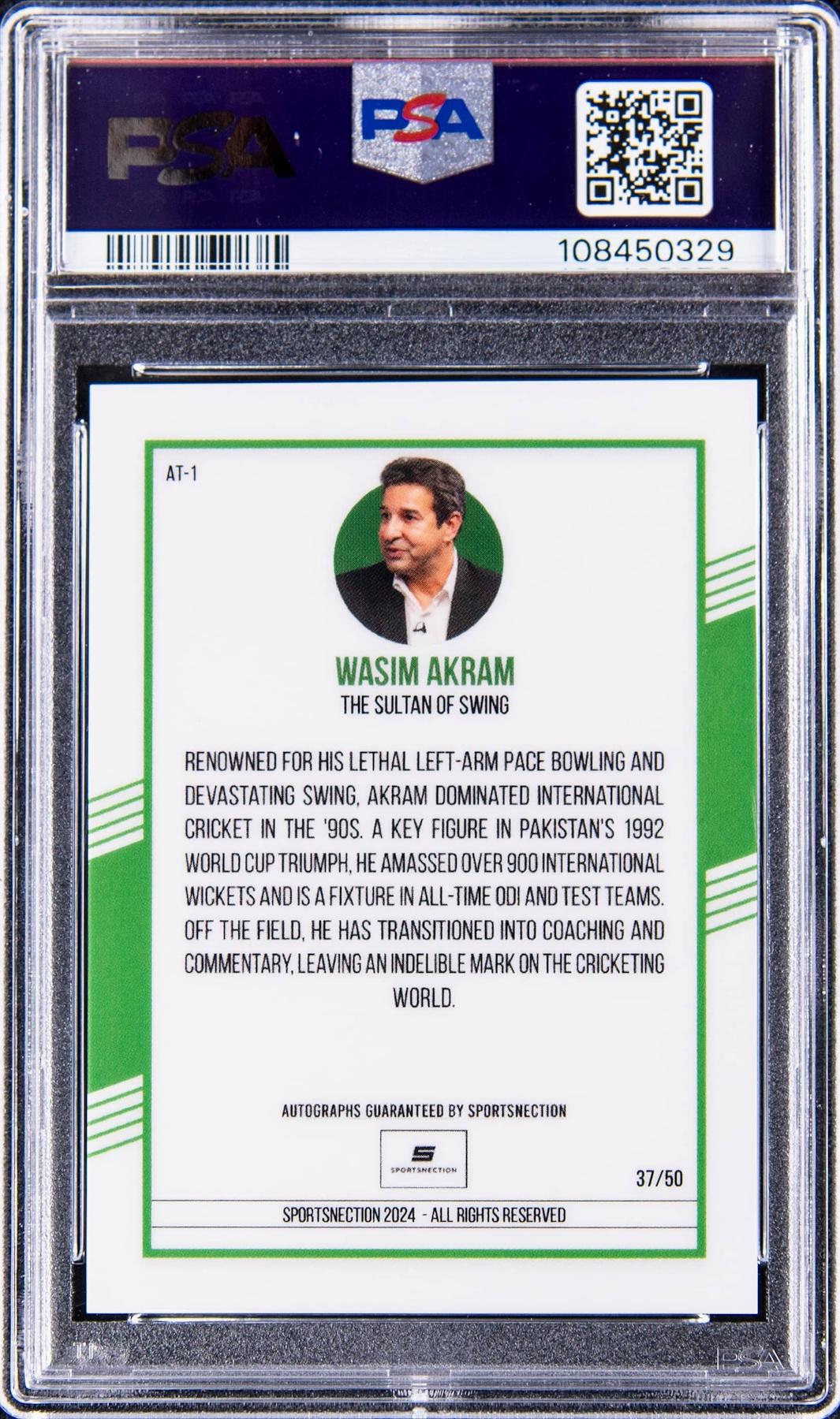 Wasim Akram 2024 Sportsnection Legends of Cricket Autograph #AT1 #37/50 (PSA 9) at PristineAuction.com Wasim Akram 2024 Sportsnection Legends of Cricket Autograph #AT1 #37/50 (PSA 9) at PristineAuction.com