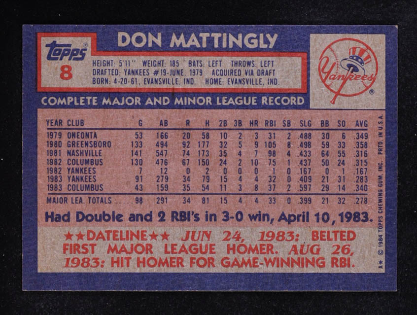 Don Mattingly 1984 Topps #8 RC at PristineAuction.com Don Mattingly 1984 Topps #8 RC at PristineAuction.com