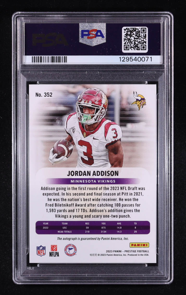 Jordan Addison 2023 Prestige Xtra Points Signatures Premium Red #352 RC #27/199 (PSA 9) at PristineAuction.com Jordan Addison 2023 Prestige Xtra Points Signatures Premium Red #352 RC #27/199 (PSA 9) at PristineAuction.com
