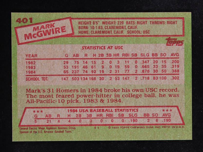 Mark McGwire 1985 Topps #401 OLY RC at PristineAuction.com Mark McGwire 1985 Topps #401 OLY RC at PristineAuction.com
