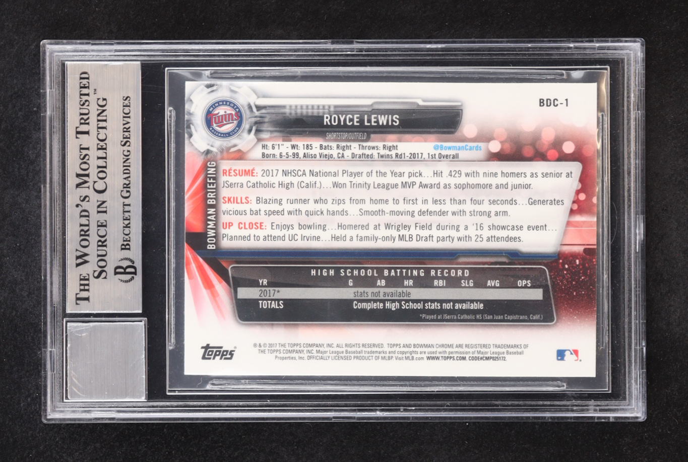 Royce Lewis Signed 2017 Bowman Chrome Draft #BDC1 RC (BGS | Auto Grade 10) at PristineAuction.com Royce Lewis Signed 2017 Bowman Chrome Draft #BDC1 RC (BGS | Auto Grade 10) at PristineAuction.com