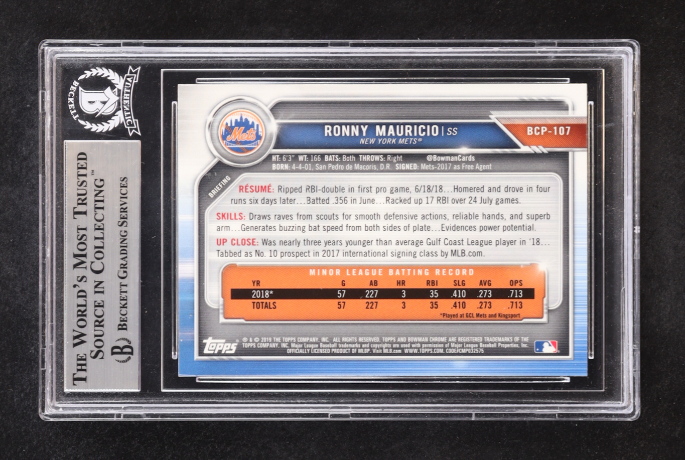 Ronny Mauricio Signed 2019 Bowman Chrome Prospects #BCP107 RC (BGS) at PristineAuction.com Ronny Mauricio Signed 2019 Bowman Chrome Prospects #BCP107 RC (BGS) at PristineAuction.com