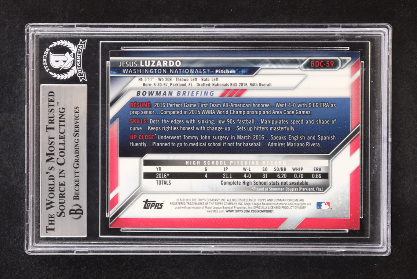 Jesus Luzardo Signed 2016 Bowman Chrome Draft Sky Blue Refractors #BDC59 RC (BGS) at PristineAuction.com Jesus Luzardo Signed 2016 Bowman Chrome Draft Sky Blue Refractors #BDC59 RC (BGS) at PristineAuction.com