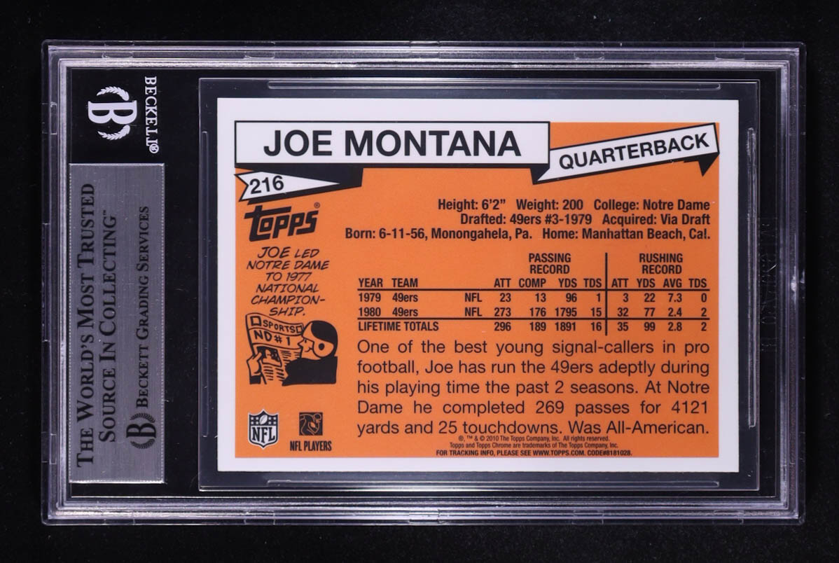 Joe Montana Signed 2010 Topps Chrome Anniversary Reprints #15 (BGS) at PristineAuction.com Joe Montana Signed 2010 Topps Chrome Anniversary Reprints #15 (BGS) at PristineAuction.com