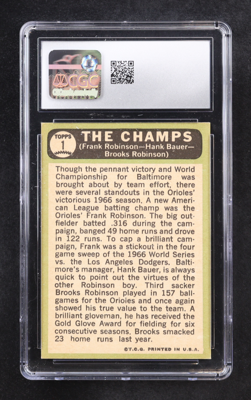 Frank Robinson / Hank Bauer MG / Brooks Robinson 1967 Topps #1 The Champs DP (CGC 7) at PristineAuction.com Frank Robinson / Hank Bauer MG / Brooks Robinson 1967 Topps #1 The Champs DP (CGC 7) at PristineAuction.com