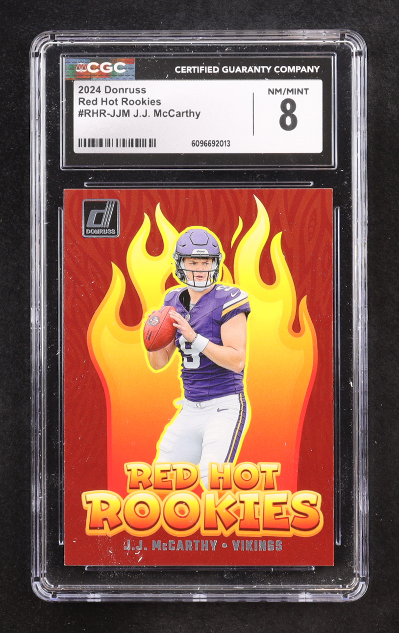 J.J. McCarthy 2024 Donruss Red Hot Rookies #6 RC (CGC 8) at PristineAuction.com J.J. McCarthy 2024 Donruss Red Hot Rookies #6 RC (CGC 8) at PristineAuction.com
