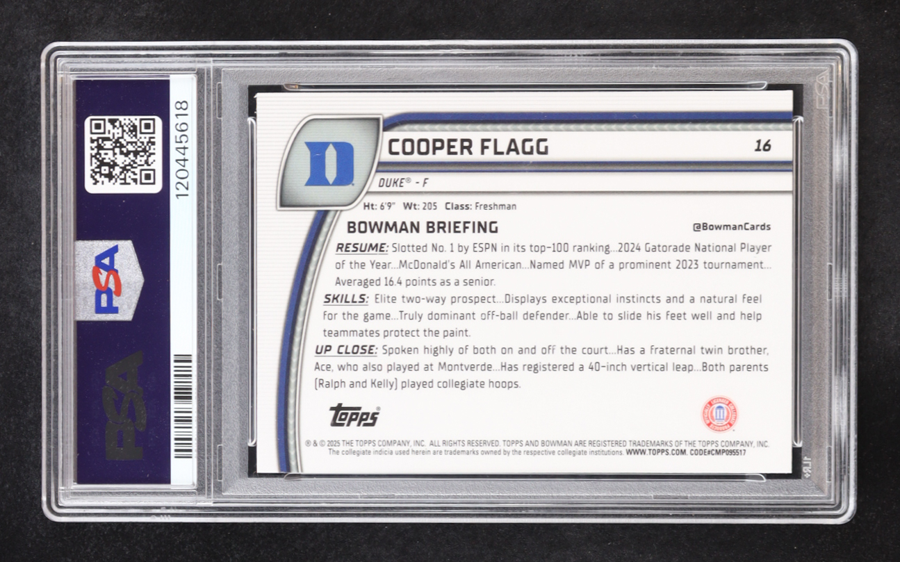 Cooper Flagg 2024-25 Bowman Chrome University #16 RC (PSA 9) at PristineAuction.com Cooper Flagg 2024-25 Bowman Chrome University #16 RC (PSA 9) at PristineAuction.com