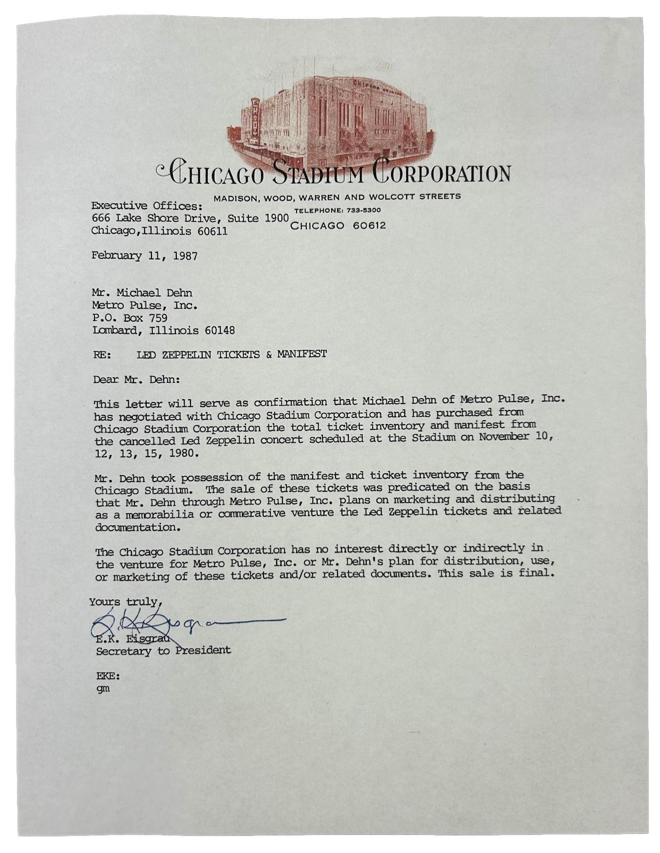 Led Zeppelin Custom Framed Display with Original 1980 Concert Ticket & Chicago Stadium Letter of Provenance at PristineAuction.com Led Zeppelin Custom Framed Display with Original 1980 Concert Ticket & Chicago Stadium Letter of Provenance at PristineAuction.com