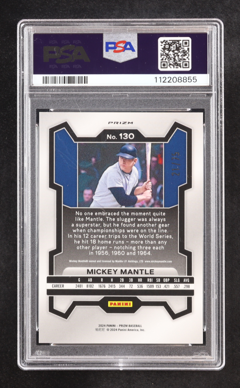 Mickey Mantle 2024 Panini Prizm Green Scope #130 #21/75 (PSA 10) at PristineAuction.com Mickey Mantle 2024 Panini Prizm Green Scope #130 #21/75 (PSA 10) at PristineAuction.com