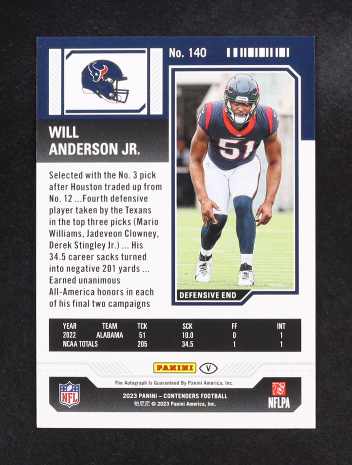 Will Anderson Jr. 2023 Panini Contenders Optic Rookie Ticket Variation Autographs #140 RC at PristineAuction.com Will Anderson Jr. 2023 Panini Contenders Optic Rookie Ticket Variation Autographs #140 RC at PristineAuction.com