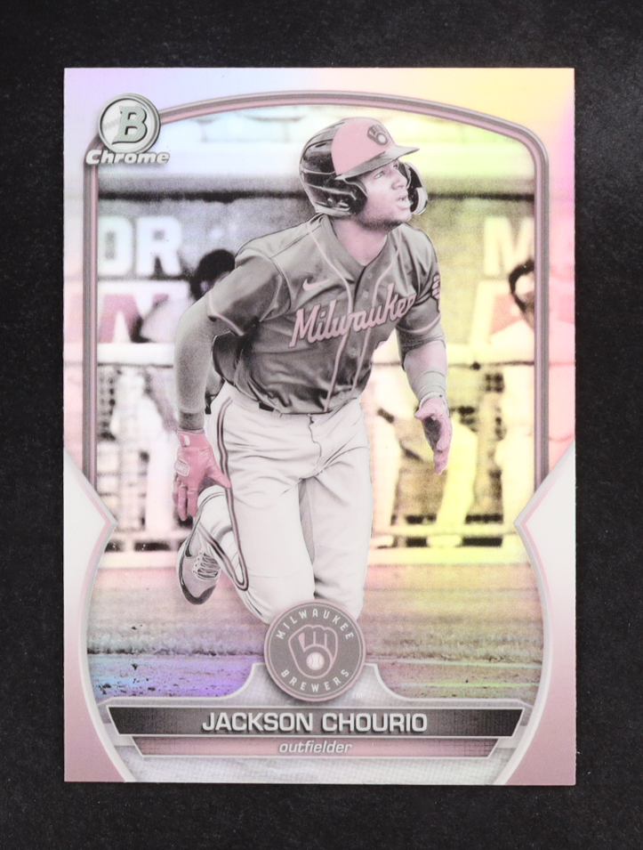 Jackson Chourio 2023 Bowman Chrome Prospects Pearl Refractors #BCP76 RC at PristineAuction.com Jackson Chourio 2023 Bowman Chrome Prospects Pearl Refractors #BCP76 RC at PristineAuction.com