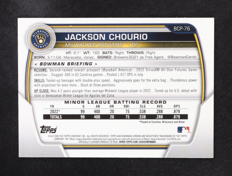 Jackson Chourio 2023 Bowman Chrome Prospects Pearl Refractors #BCP76 RC at PristineAuction.com Jackson Chourio 2023 Bowman Chrome Prospects Pearl Refractors #BCP76 RC at PristineAuction.com