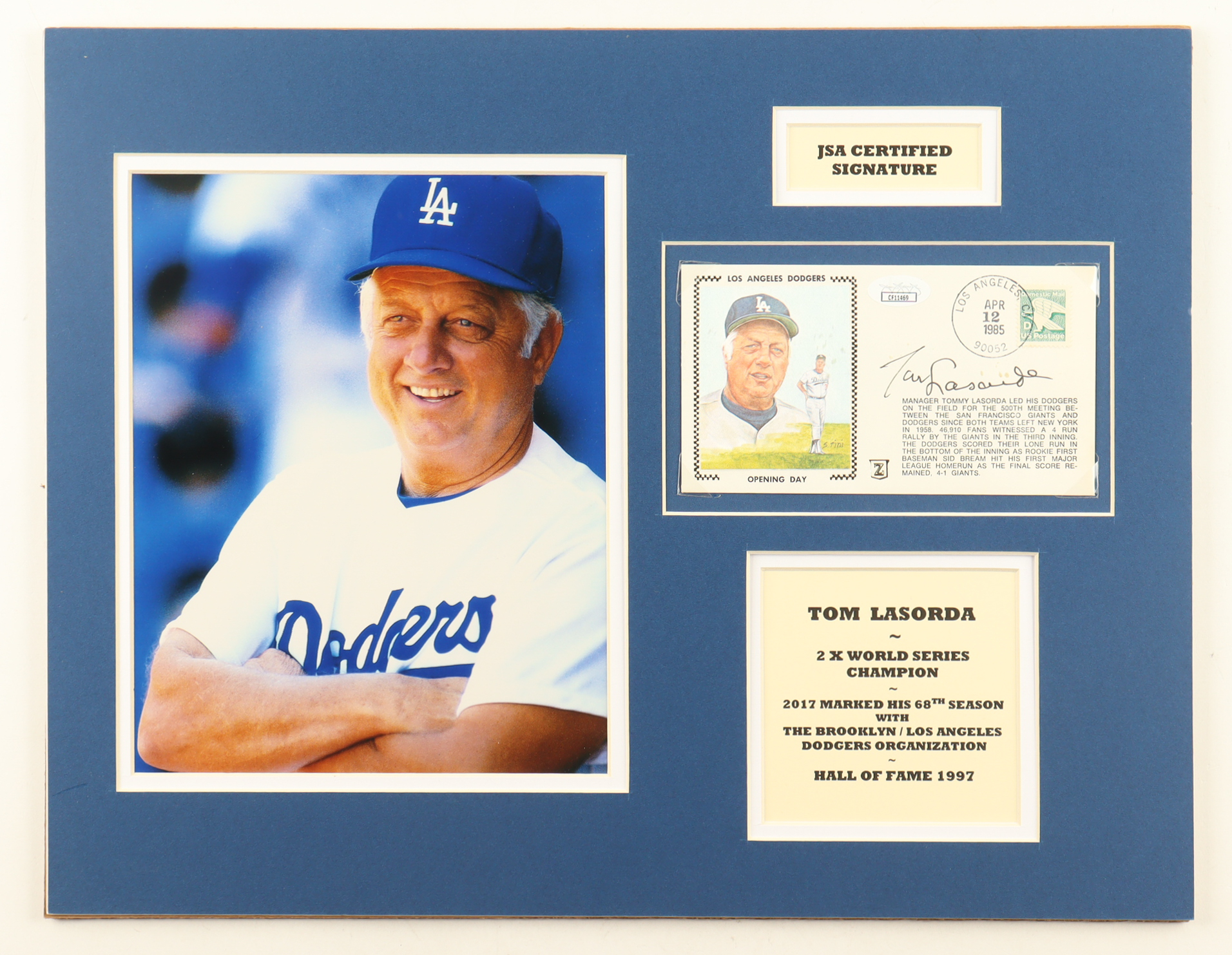 Tommy Lasorda Signed Custom Matted 1985 FDC Envelope (JSA) at PristineAuction.com Tommy Lasorda Signed Custom Matted 1985 FDC Envelope (JSA) at PristineAuction.com