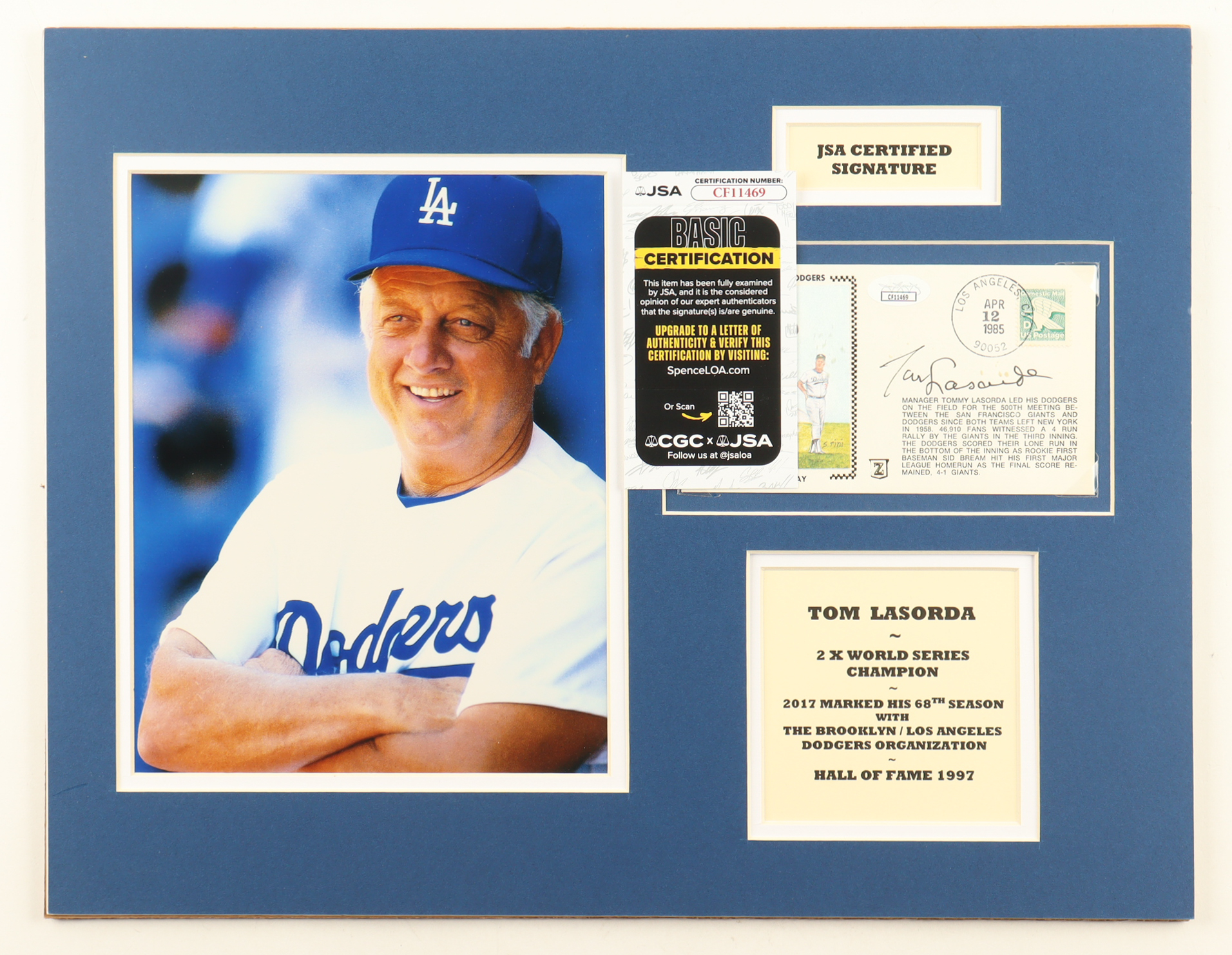 Tommy Lasorda Signed Custom Matted 1985 FDC Envelope (JSA) at PristineAuction.com Tommy Lasorda Signed Custom Matted 1985 FDC Envelope (JSA) at PristineAuction.com
