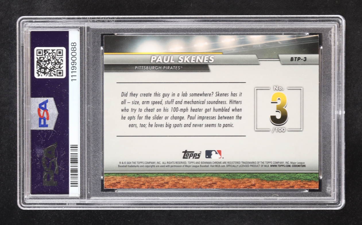 Paul Skenes 2024 Bowman Scouts' Top 100 #BTP3 (PSA 10) at PristineAuction.com Paul Skenes 2024 Bowman Scouts' Top 100 #BTP3 (PSA 10) at PristineAuction.com