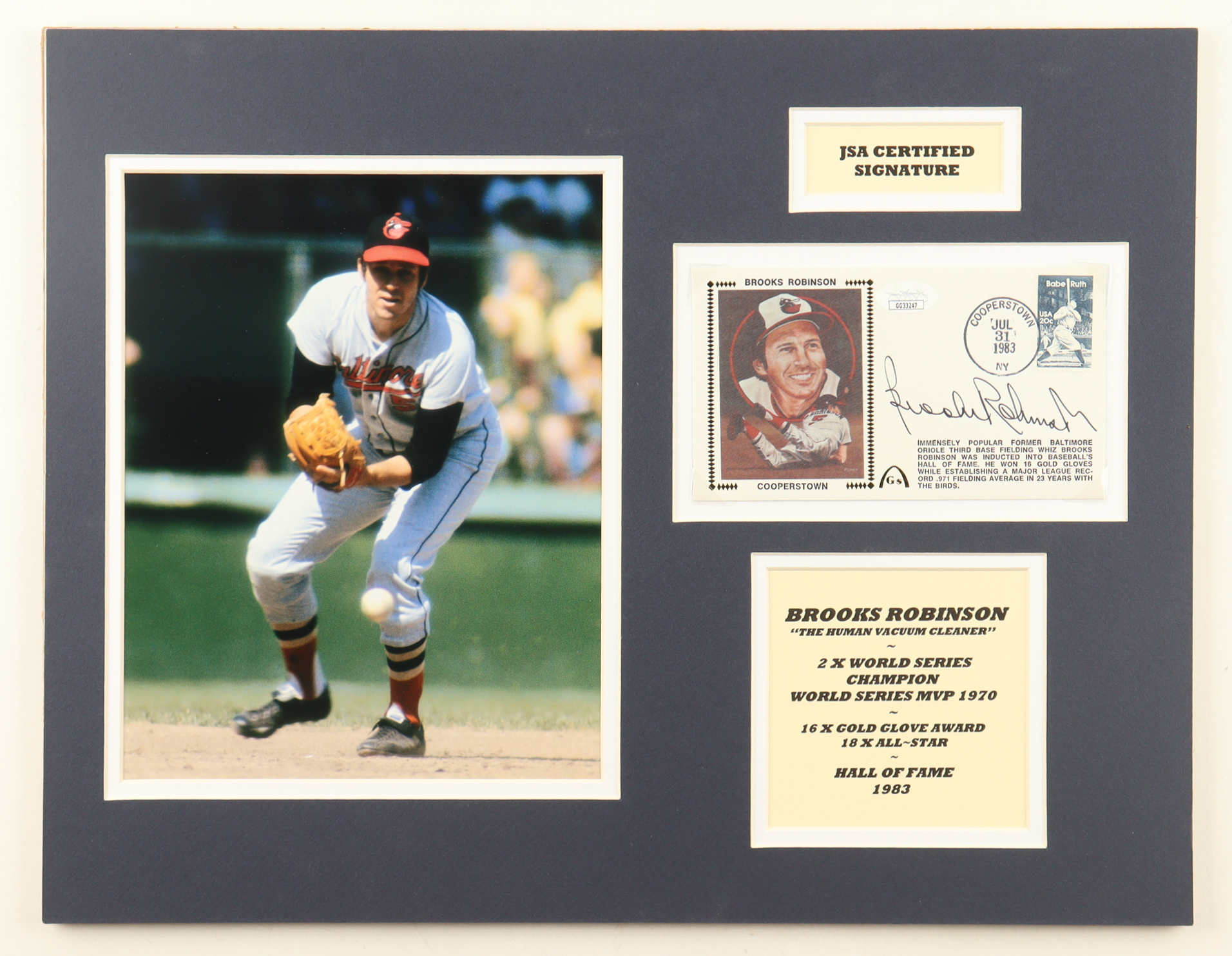 Brooks Robinson Signed Custom Matted 1983 FDC Envelope (JSA) at PristineAuction.com Brooks Robinson Signed Custom Matted 1983 FDC Envelope (JSA) at PristineAuction.com