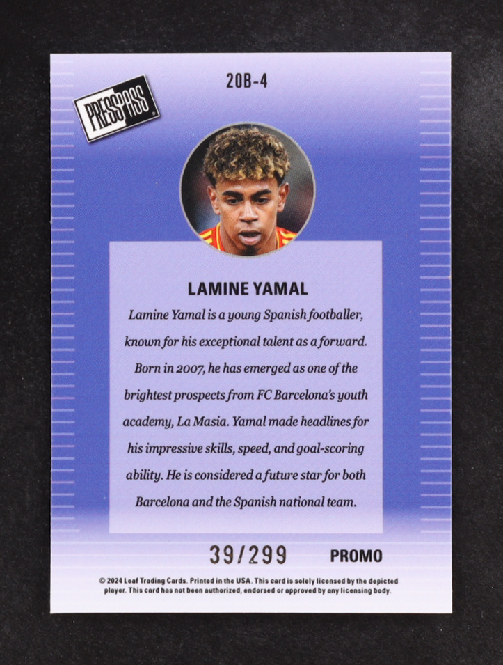 Lamine Yamal 2024 Leaf Collective Promo '00 Press Pass Shimmer Orange #20B4 #66/299 at PristineAuction.com Lamine Yamal 2024 Leaf Collective Promo '00 Press Pass Shimmer Orange #20B4 #66/299 at PristineAuction.com