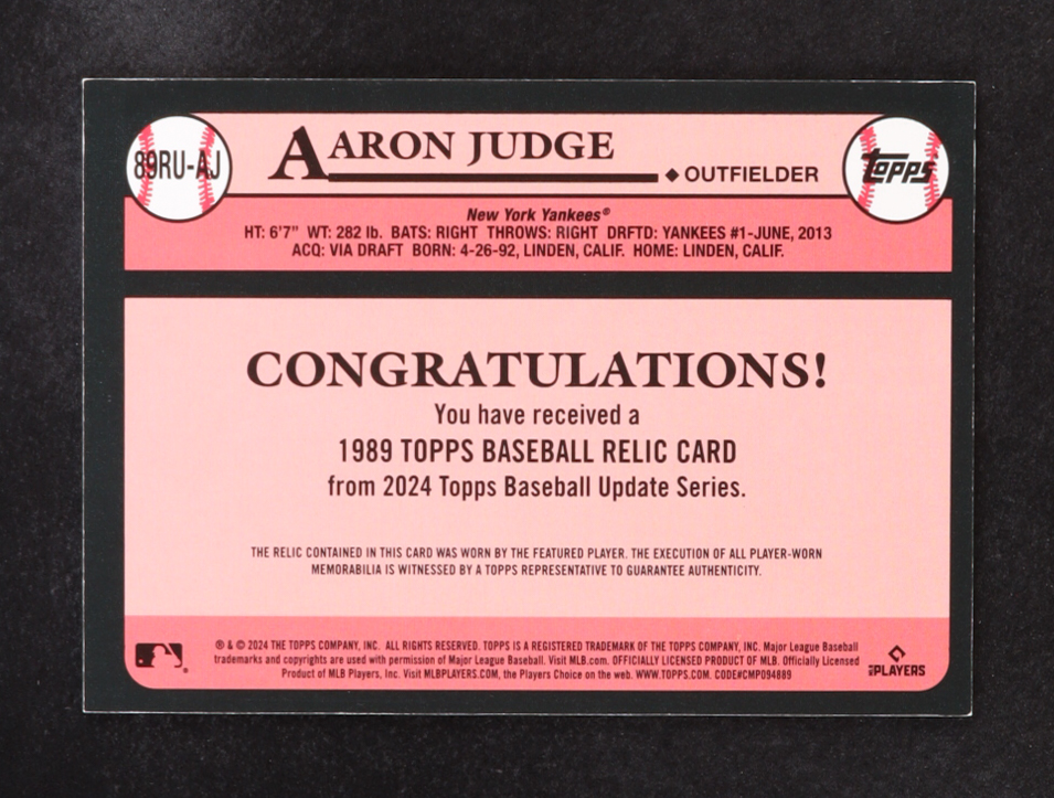 Aaron Judge 2024 Topps Update '89 Topps Relics Black #89RUAJ #169/199 at PristineAuction.com Aaron Judge 2024 Topps Update '89 Topps Relics Black #89RUAJ #169/199 at PristineAuction.com