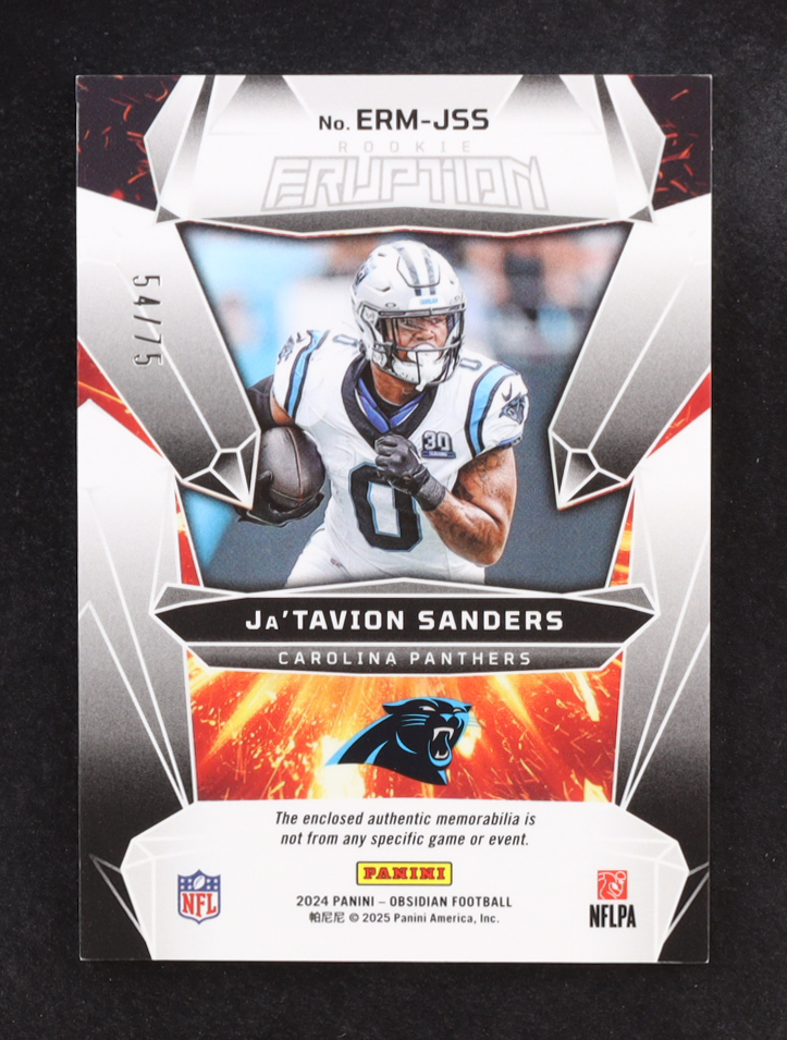 Ja'Tavion Sanders 2024 Panini Obsidian Rookie Eruption Materials Red #19 #54/75 RC at PristineAuction.com Ja'Tavion Sanders 2024 Panini Obsidian Rookie Eruption Materials Red #19 #54/75 RC at PristineAuction.com