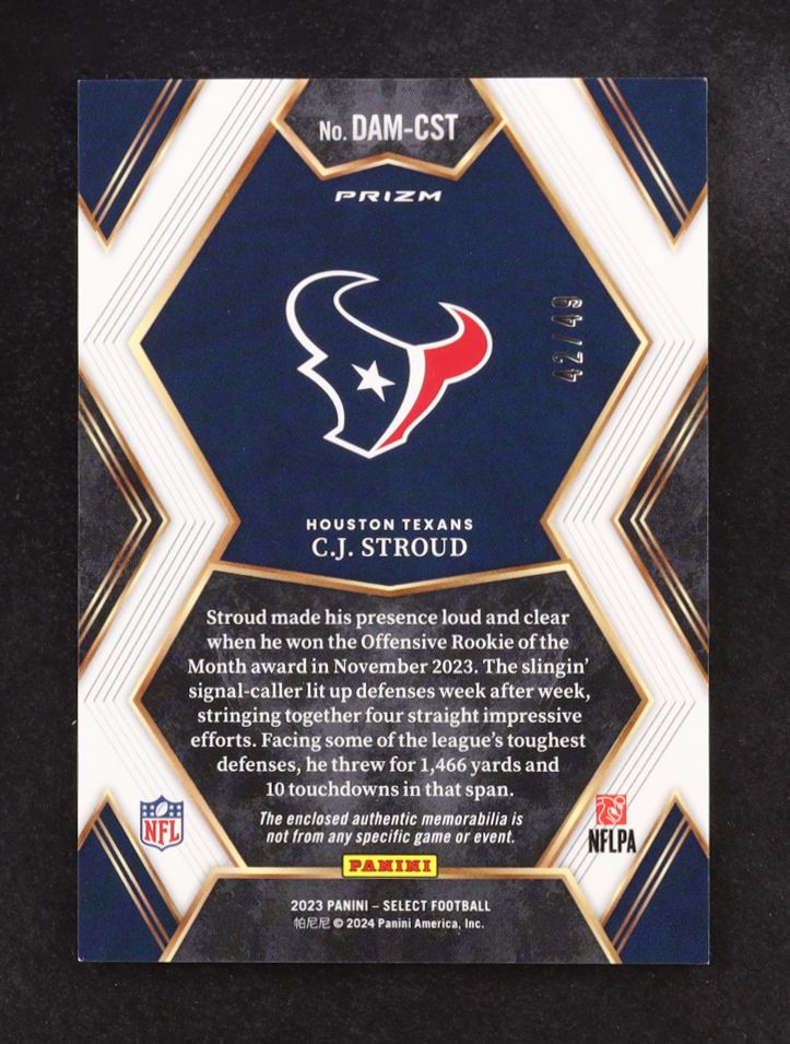 CJ Stroud 2023 Select Draft Selections Memorabilia Prizm Copper #2 #42/49 RC at PristineAuction.com CJ Stroud 2023 Select Draft Selections Memorabilia Prizm Copper #2 #42/49 RC at PristineAuction.com