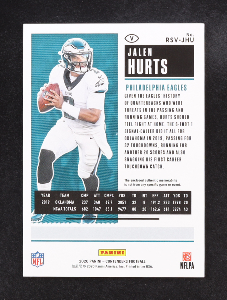 Jalen Hurts 2020 Contenders Rookie Ticket Variations Green #RSVJHU RC at PristineAuction.com Jalen Hurts 2020 Contenders Rookie Ticket Variations Green #RSVJHU RC at PristineAuction.com