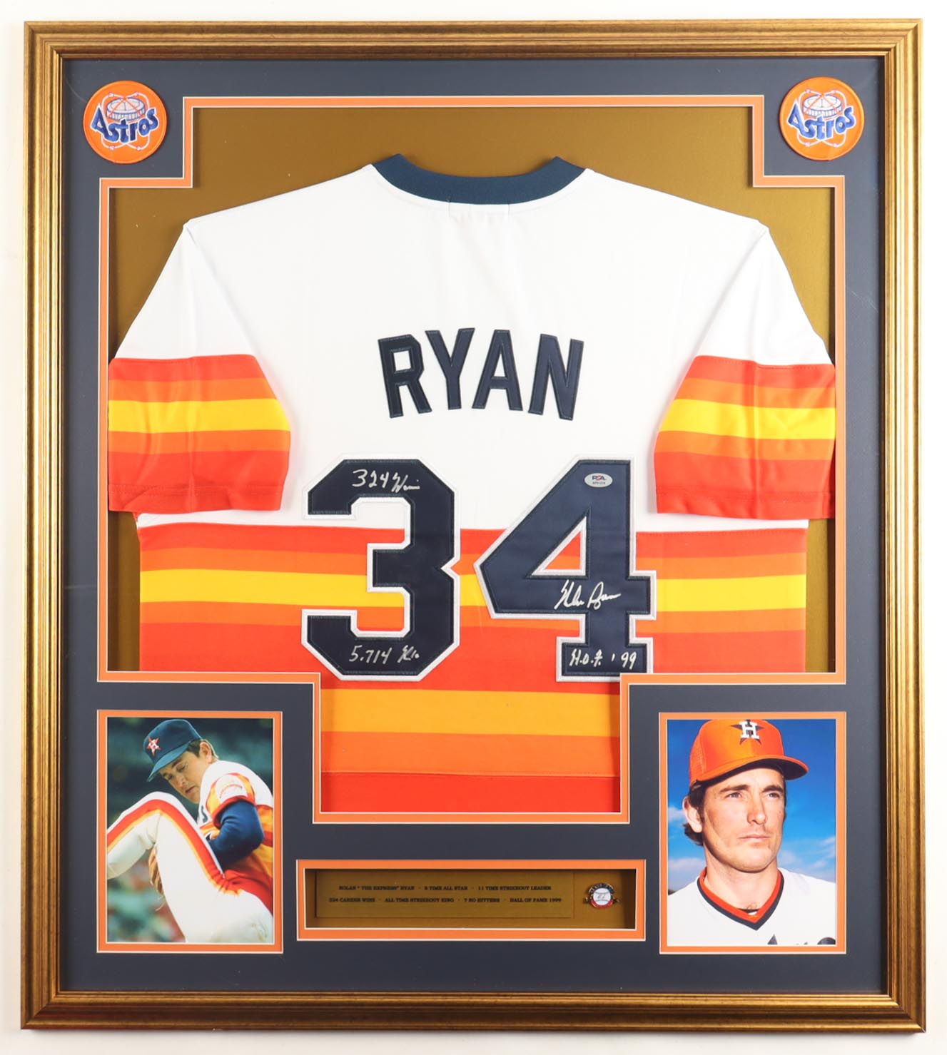 Nolan Ryan Signed Custom Framed Jersey Display Inscribed "H.O.F. '99" & "5,714 K's" & "324 Wins" with Hall of Fame Pin (PSA) at PristineAuction.com Nolan Ryan Signed Custom Framed Jersey Display Inscribed "H.O.F. '99" & "5,714 K's" & "324 Wins" with Hall of Fame Pin (PSA) at PristineAuction.com