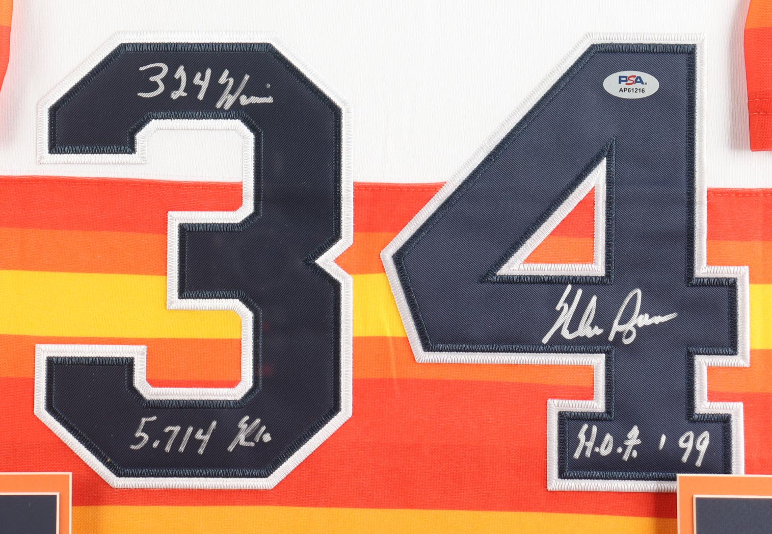 Nolan Ryan Signed Custom Framed Jersey Display Inscribed "H.O.F. '99" & "5,714 K's" & "324 Wins" with Hall of Fame Pin (PSA) at PristineAuction.com Nolan Ryan Signed Custom Framed Jersey Display Inscribed "H.O.F. '99" & "5,714 K's" & "324 Wins" with Hall of Fame Pin (PSA) at PristineAuction.com